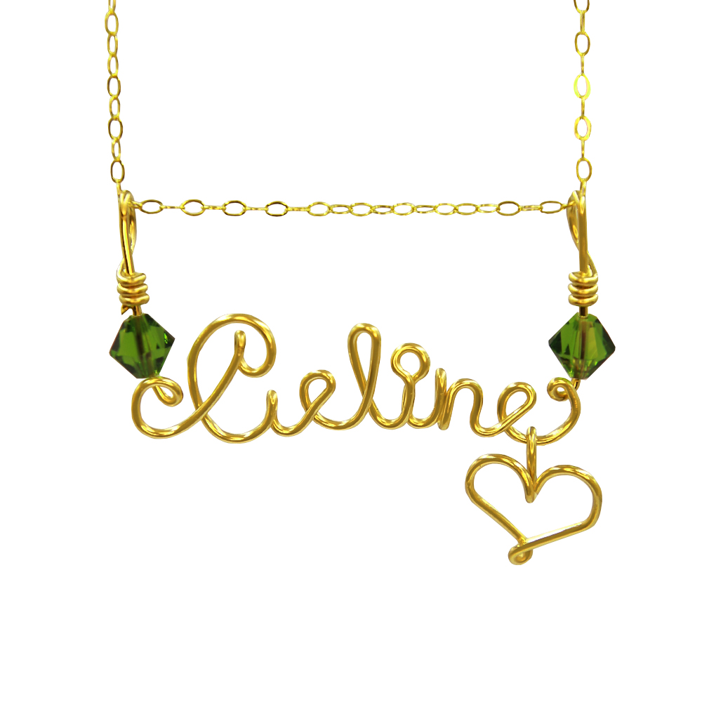 14 kt Celine chain with Green Swaroviski ang heart dangled at the end (can be in the middle)