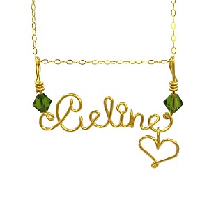 14 kt Celine chain with Green Swaroviski ang heart dangled at the end (can be in the middle)