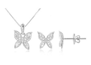 Vera Perla  0.18Cts Diamonds, 18K White Gold Butterfly Jewelry Set