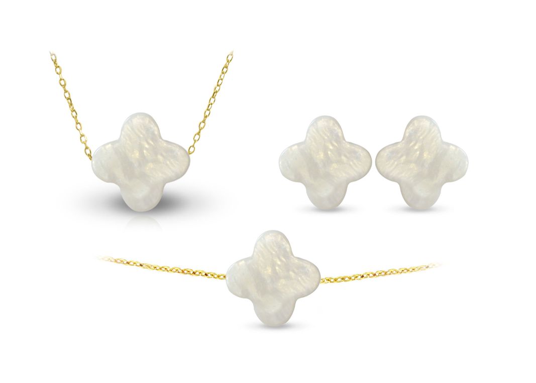 Vera Perla 10k Gold Plum Flower Shape Mother of Pearl Jewelry 3 pcs