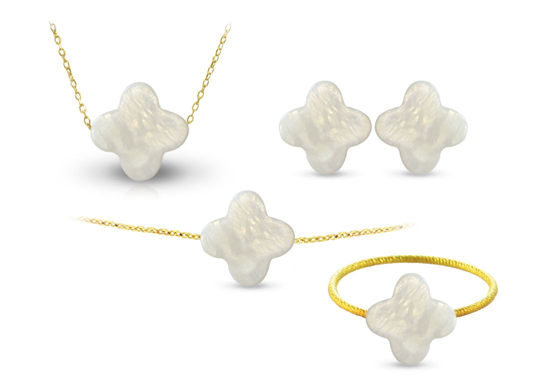 Vera Perla 10k Gold Plum Flower Shape Mother of Pearl Jewelry 4 pcs