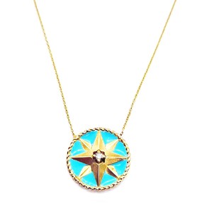 Brown diamond 18kt yellow Gold Necklace with Enamel Turquoise