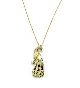 Peacock pendant diamond necklace with multi-color enamel