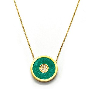 18kt yellow gold and diamond necklace with green enamel pendant
