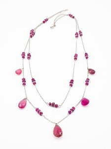 Handmade Double Wrap Necklace in White Gold and Ruby