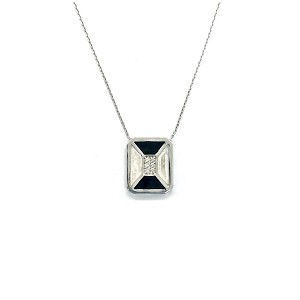 Black and white enamel square pendant necklace in white gold and diamonds