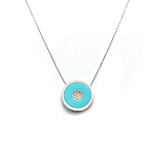 Turquoise enamel round pendant necklace in white gold and diamond