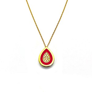 Red enamel pear pendant necklace in yellow gold and diamond