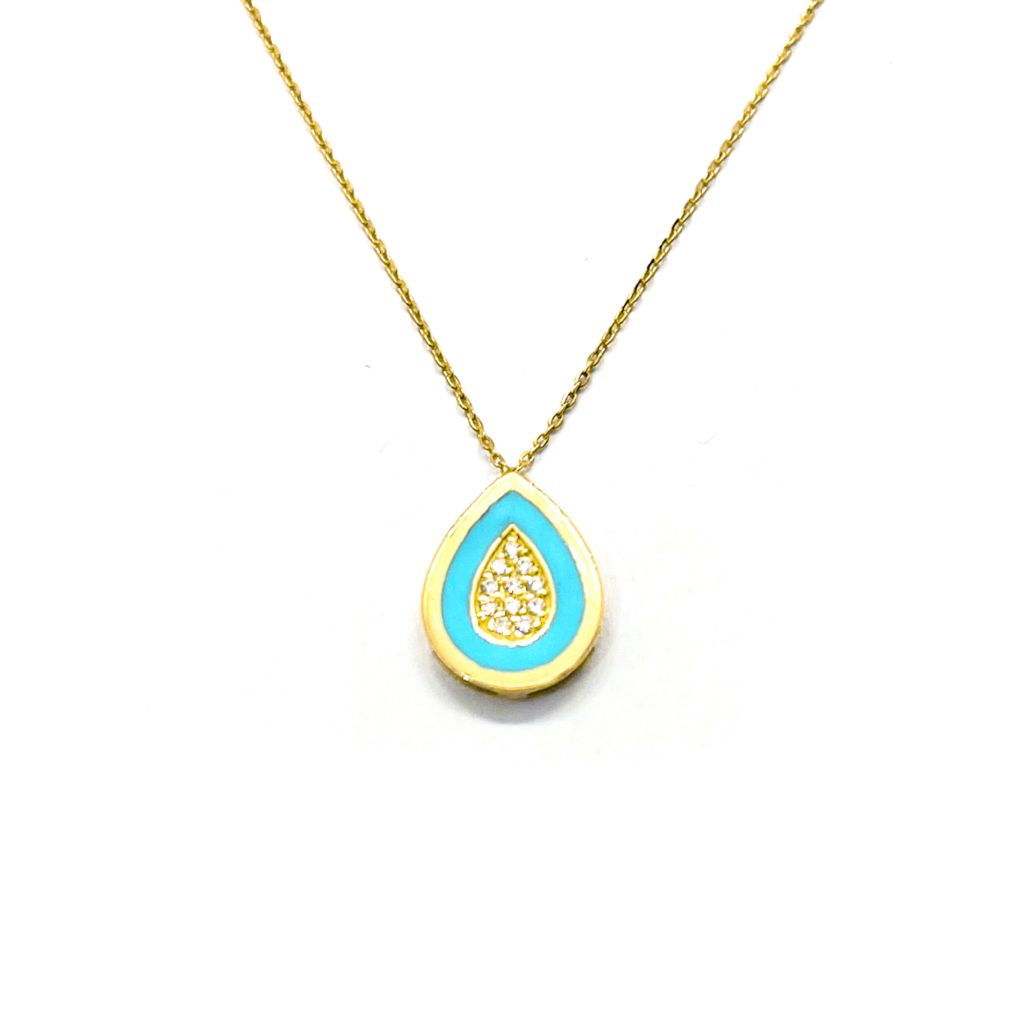 Turquoise enamel pear pendant necklace in yellow gold and diamond
