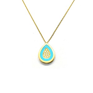 Turquoise enamel pear pendant necklace in yellow gold and diamond