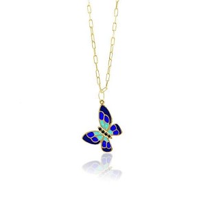Multi Color Enamel 18k Yellow Gold Necklace with Butterfly Pendant - 2