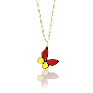 Multi Color Enamel 18k Yellow Gold Necklace with Butterfly Pendant - 3