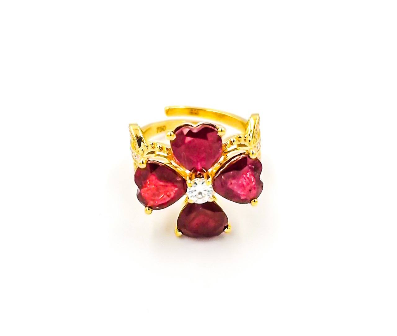 Heart in flower Ruby Ring with yellow gold